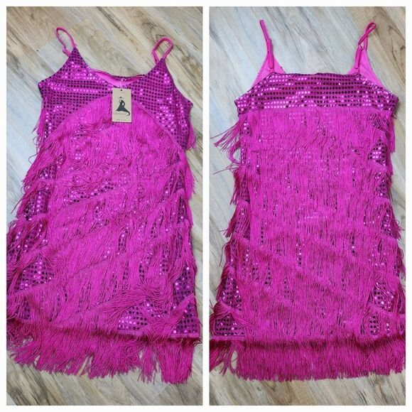 🩵NWT Hot Pink Layered Fringe Costume Dress Size 4-8 - Picture 2 of 12